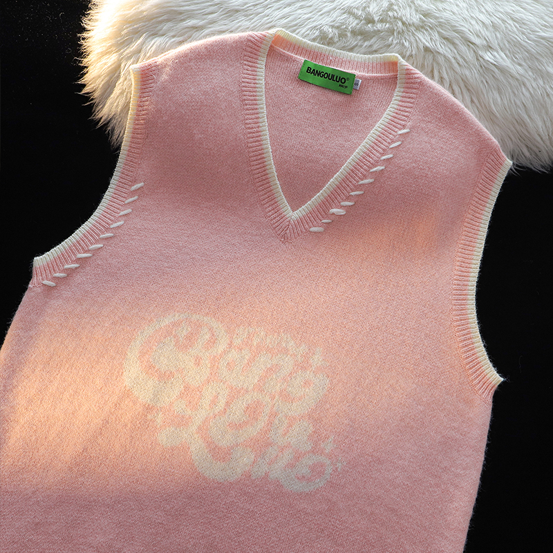 Sweet Letter Jacquard V-neck Sweater Vest Women's Small All-Matching Youthful-Looking Heattech Pink Sweater Vest
