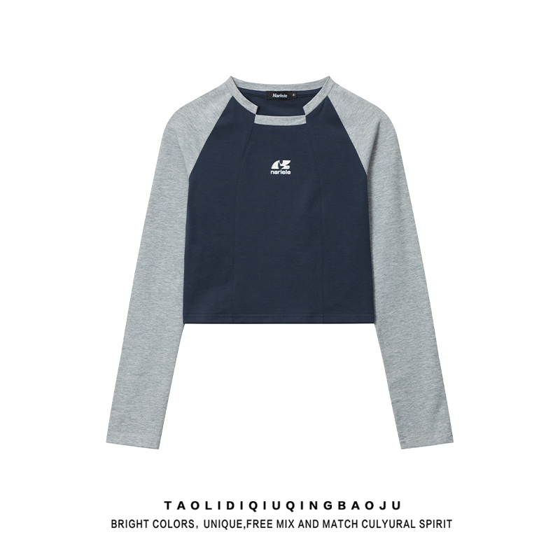 Asymmetrical Contrast Color Shoulder Slim Fit Midriff-Baring Long Sleeve T-shirt