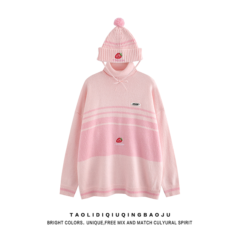 Sweet Strawberry Embroider Stripes Turtleneck Sweater Women's Winter Loose and Lazy Style Soft Glutinous Knitwear Tops with Hat