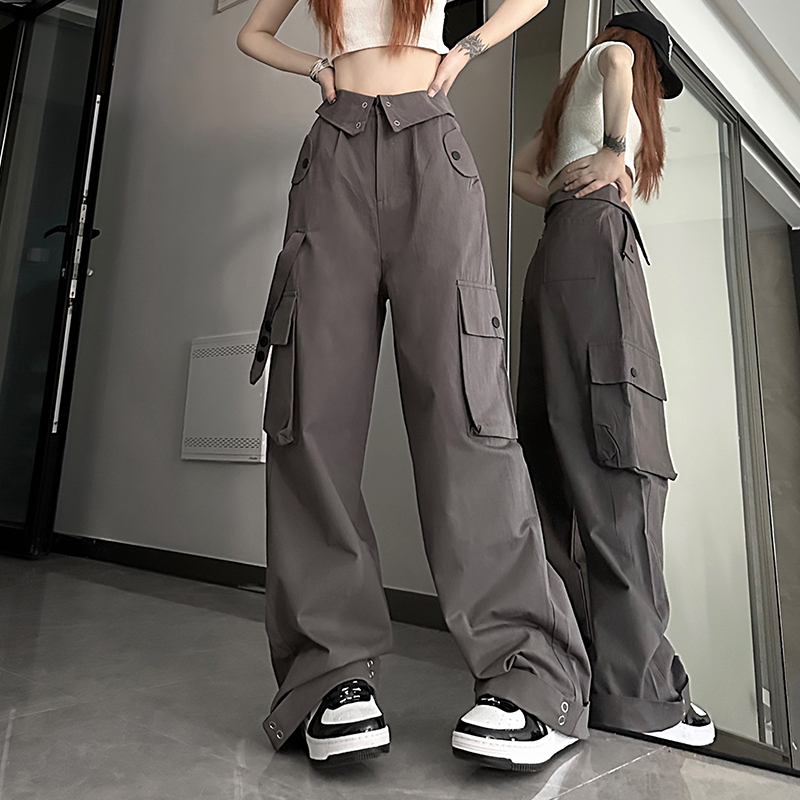 American Retro Cargo Pants Women's Spring/Summer Stylish High Waist Flanging Loose Straight-Leg Wide-Leg Pants Casual Pants Fashion