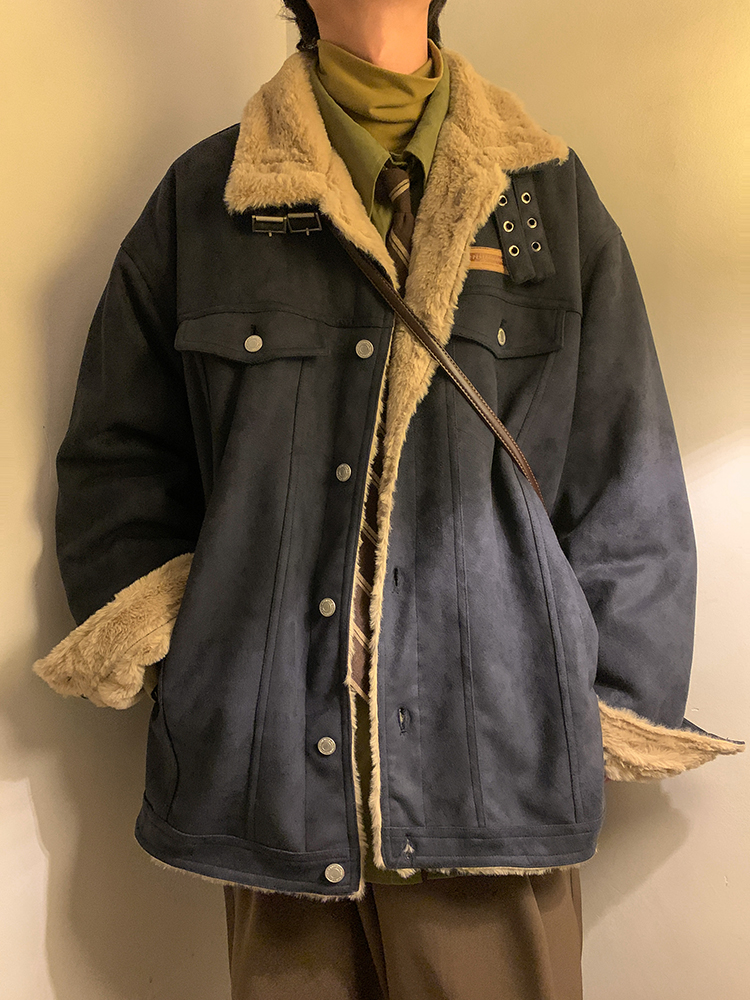 Navy Blue Fleece-lined Thickened Lamb Wool Outwear Women's Winter New Arrival Loose Casual Couple Heattech Cotton Coat Cotton Jacket
