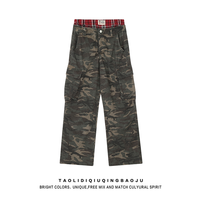 American Retro Double Waist Head Patchwork Camouflage Cargo Pants Women's Autumn Hip Hop Loose Street Casual Straight-Leg Loose Pants