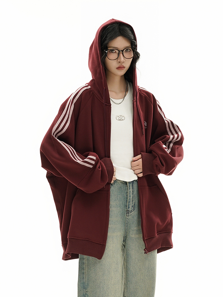 Wine Red Side Three Bars Hooded Sweatshirt Women's Autumn Clothing 2025 Loose Couple Outfit Heavy Weight Fleece Cardigan Outwear