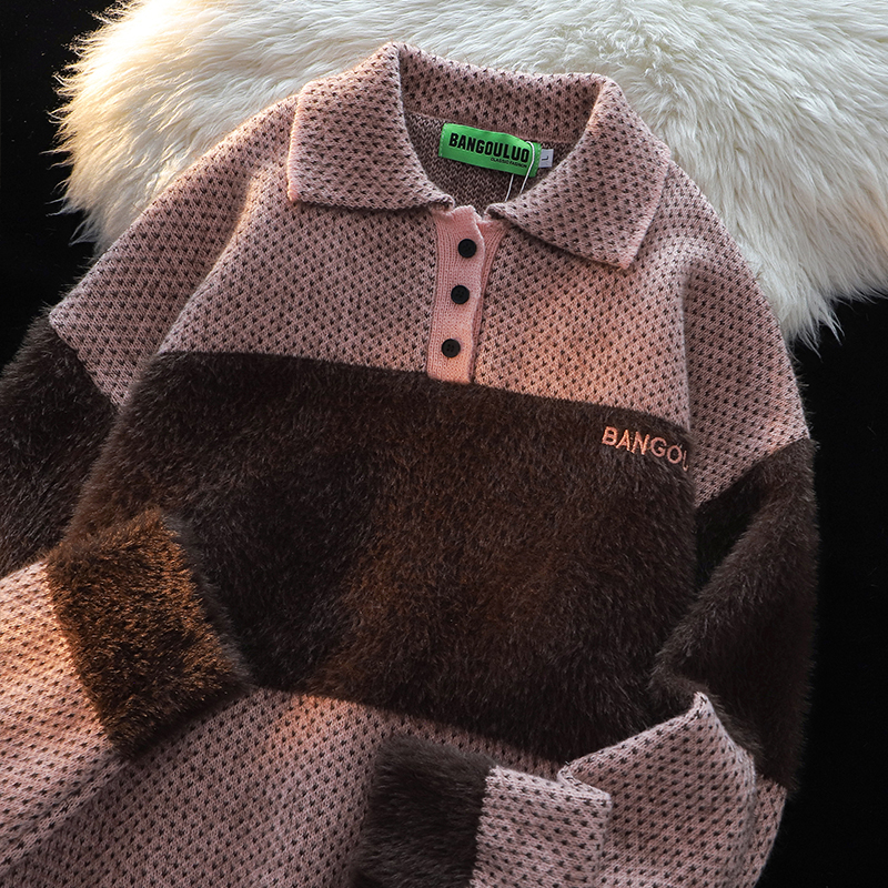 American Retro Embroider Polo Collar Sweater Female 2025 Winter New Arrival Couple Mohair Splicing Knitwear Tops