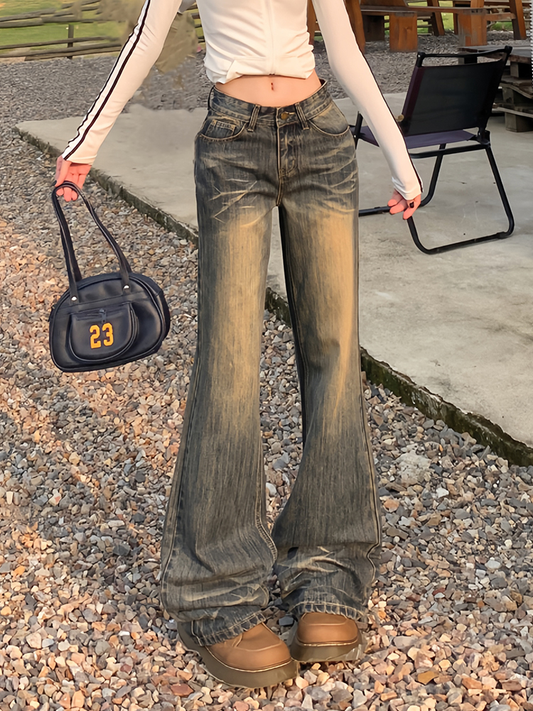 Retro Nostalgic Wash Water Slightly Pull Denim Female 2025 New Arrival Low Waist Slim Looking All-Matching Straight Mop Wide Leg Pants