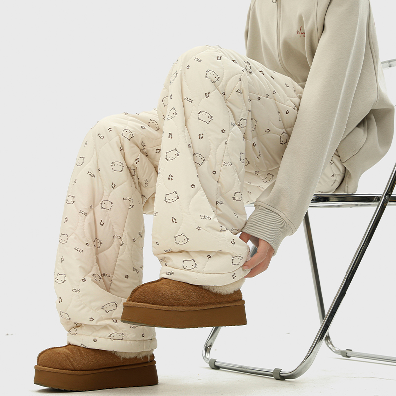 Japanese-Style Retro Diamond Lattice Full Printed Velvet Casual Cotton Pants Women's Winter Loose Fleece Lined Padded Warm Keeping Wide-Leg Pants