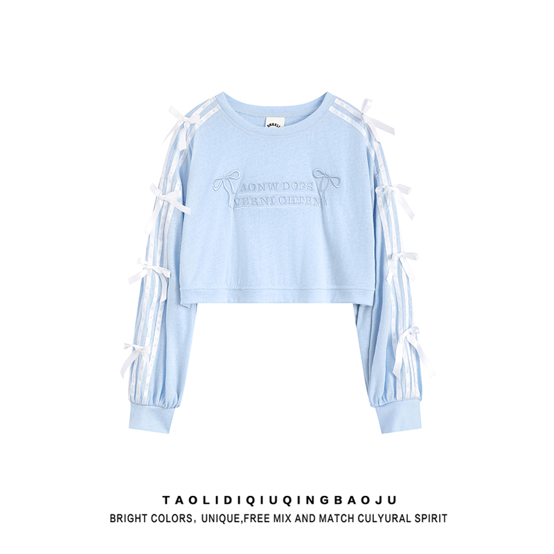 Milk Blue Bows Embroidered Crew Neck Long Sleeves T-shirt Female Autumn Sweet Sexy Loose Short K-style Chic Tops