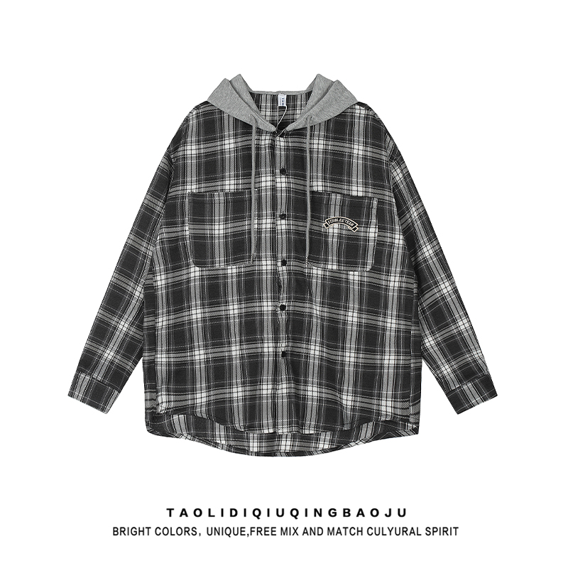 Hooded Loose BF Casual Easiest for Match Couple Gingham Shirt