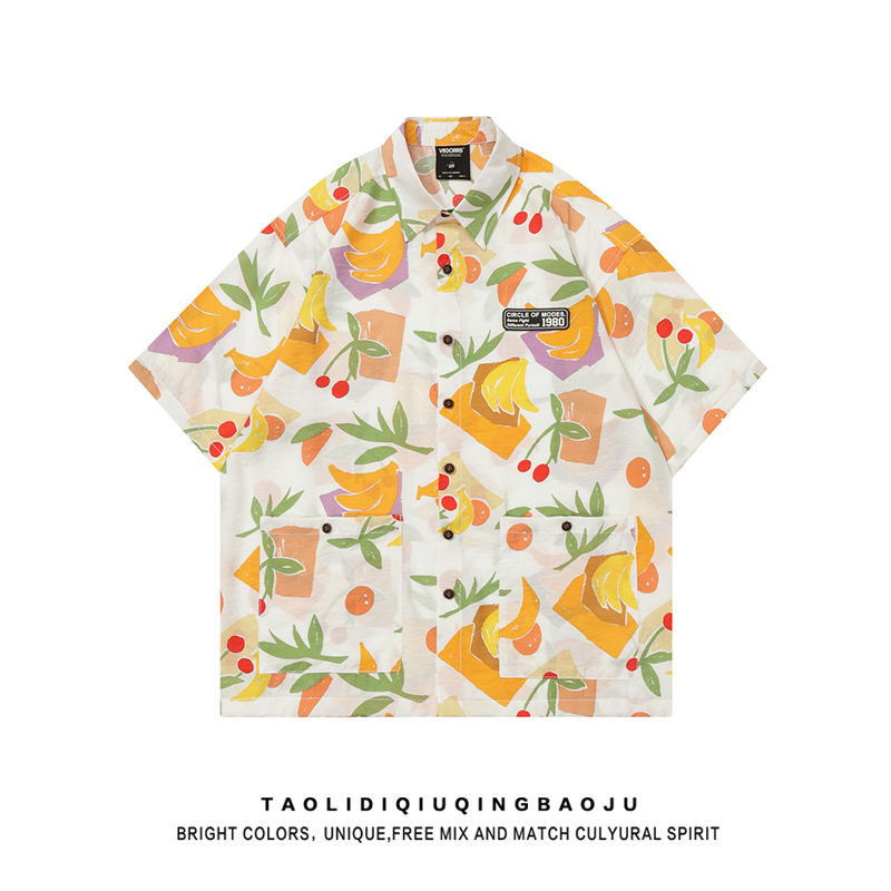Chic Hong Kong Style Full Printed Loose Couple Outfit Short Sleeve Shirt