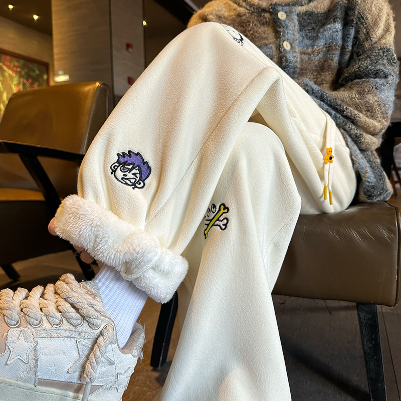 Japanese-Style Retro Cartoon Embroider Velvet Padded Casual Pants Women's Winter Loose BF Wide-Legged Versatile Heattech Polar Fleece Pants