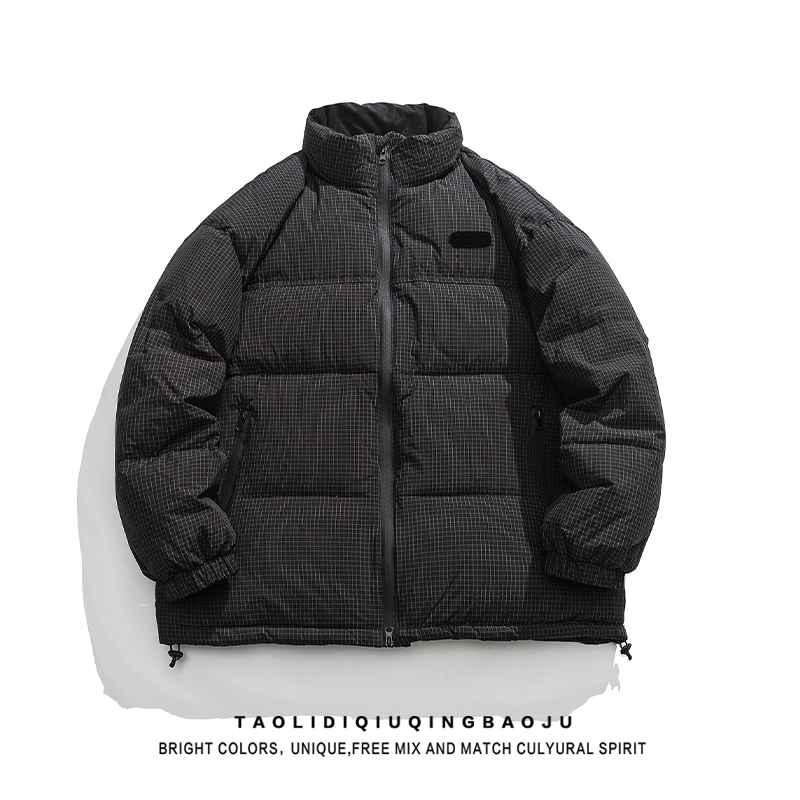 Thickened Plaid Stand Collar Down Coat for Couples, Autumn/Winter New Loose Versatile White Duck Down Jacket