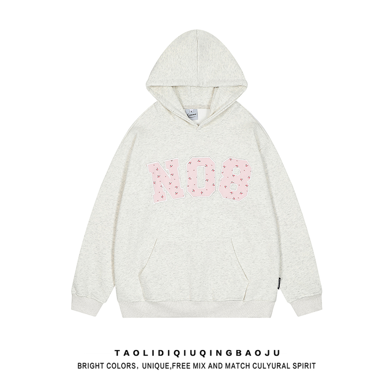American-Style Vintage Small Floral Patch Hooded Sweatshirt Women's Autumn Easiest for Match Couple Loose Chic Lazy Gray Tops