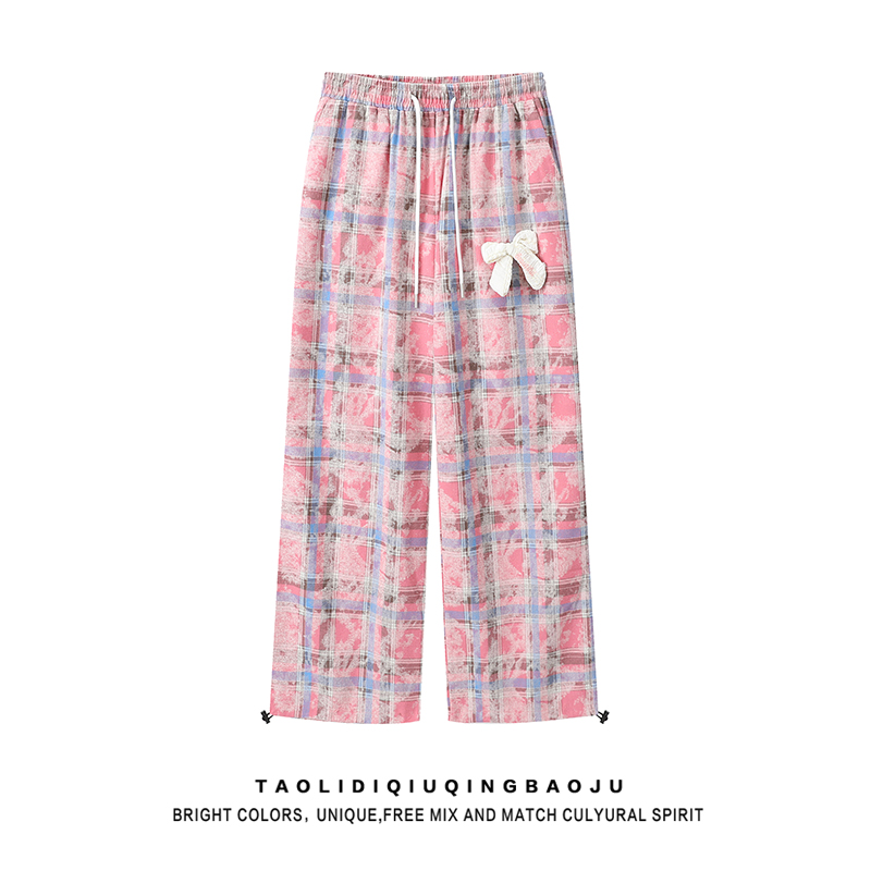 American-Style Three-Dimensional Bows Tie-Dye Plaid Pants Women's New Arrival Loose Casual Straight-Leg Draped Mop Trousers 2025