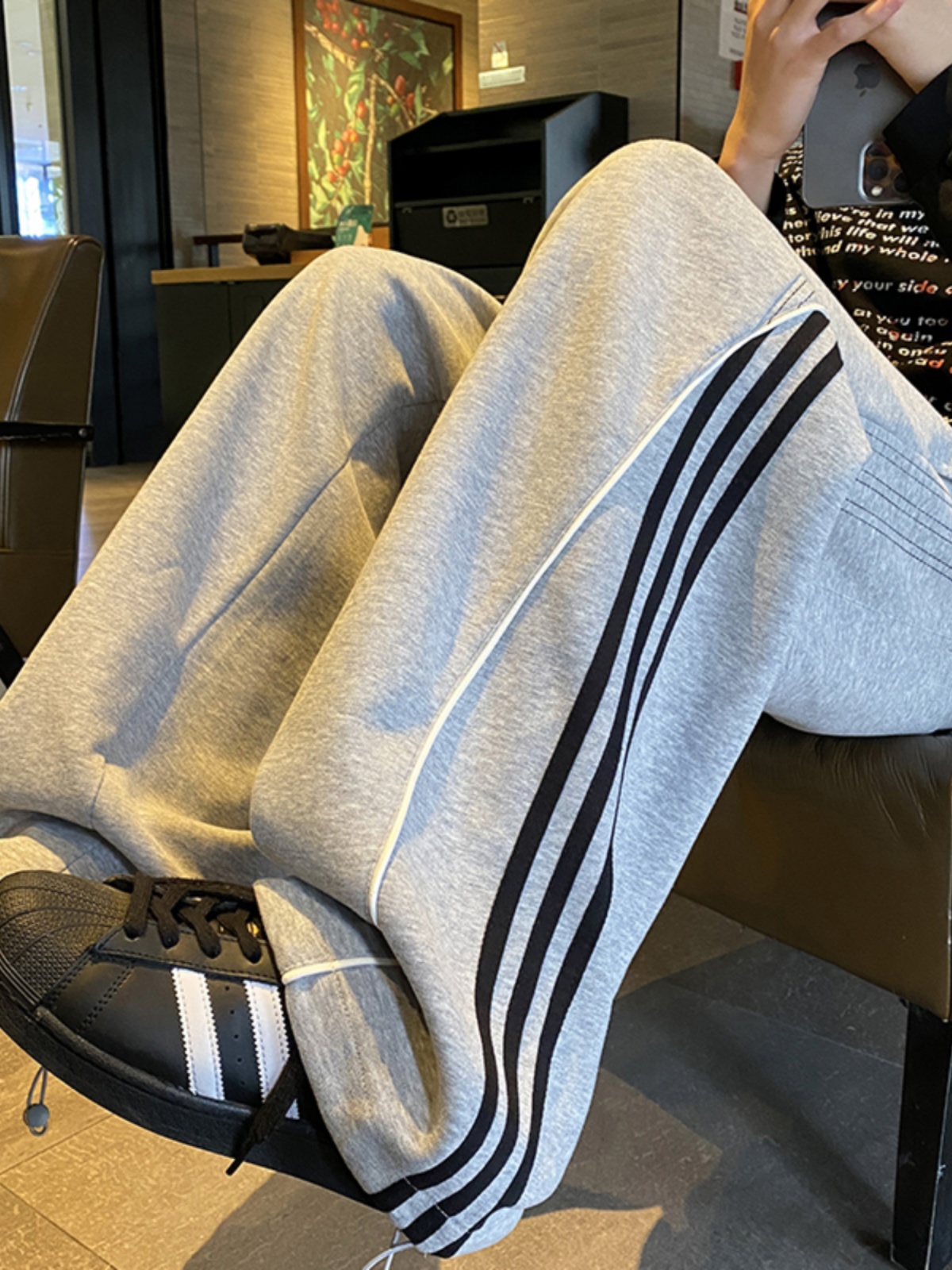 Sports Style Stripe Patchwork Straight Casual Pants Women Spring Street Loose BF Wide Leg All-Match Drawstring Gray Sweatpants