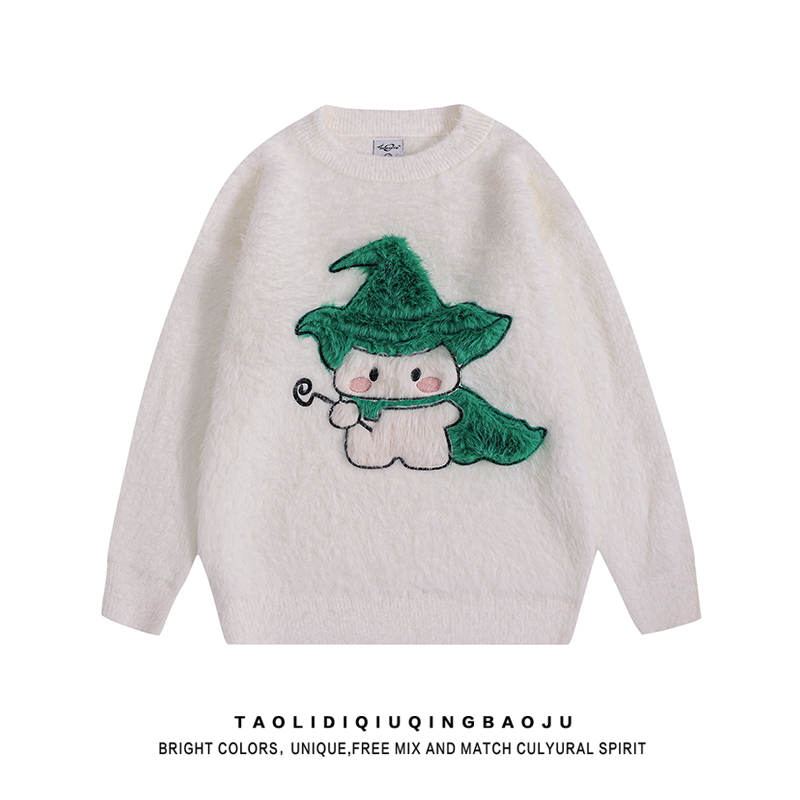American Fun and Cute Cartoon Flocking round Neck Sweater Women's Winter Casual Loose Couple Comfortable Knitwear Tops