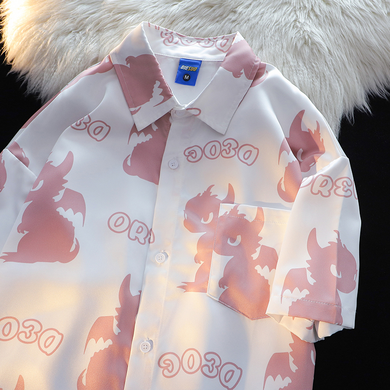 American Fashion Brand Cute Dinosaur Full Printed Short Sleeve Shirt Women's Summer Loose Lazy Hong Kong Style Couple's Half Sleeve Shirt