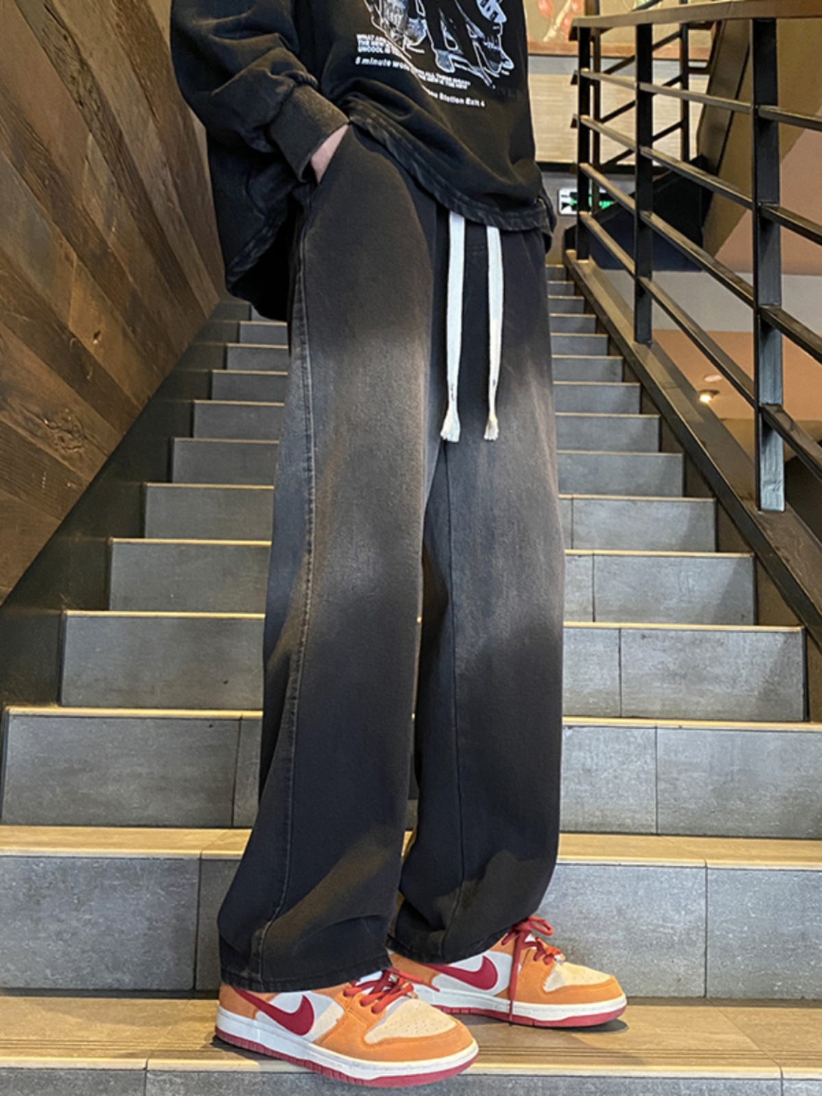 American High Street Black Washed Gradient Jeans Women Spring Fashion Brand Loose Casual Drawstring Straight Wide-Leg Pants