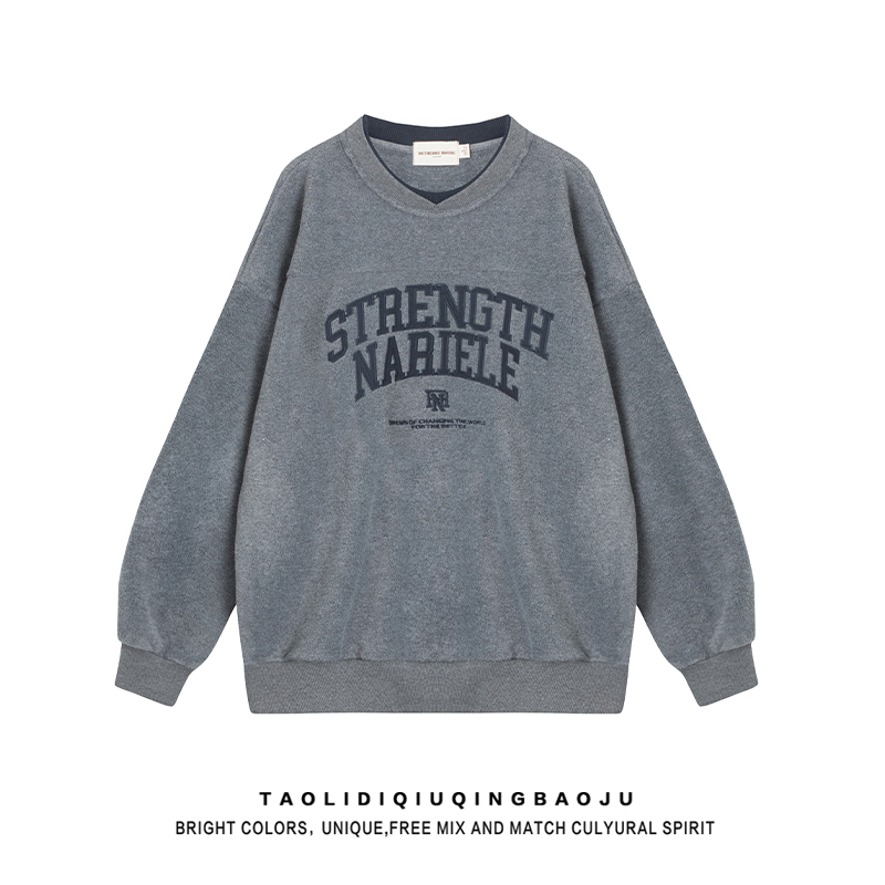 American Retro Letters Embroider Fleece Sweater Female Autumn Fashion Brand Loose Lovers Wild Padded Pullover