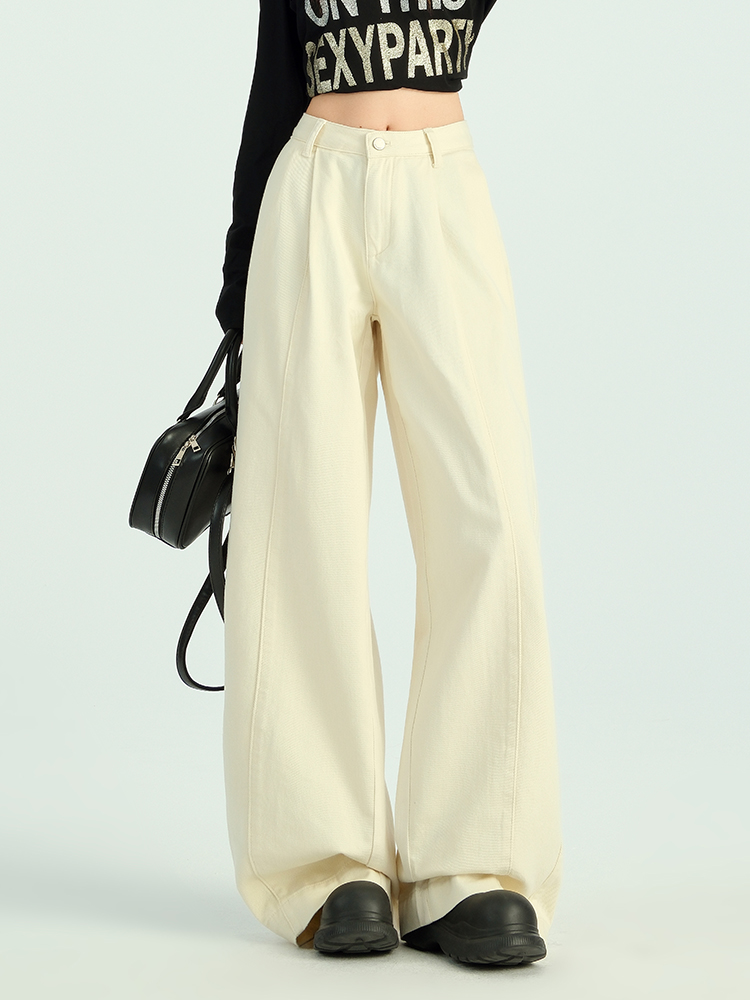 American Retro Pleated High Waist Denim Women's Clothing Fall Elegant Slim Looking Easiest for Match Drooping Straight Loose Loose Pants