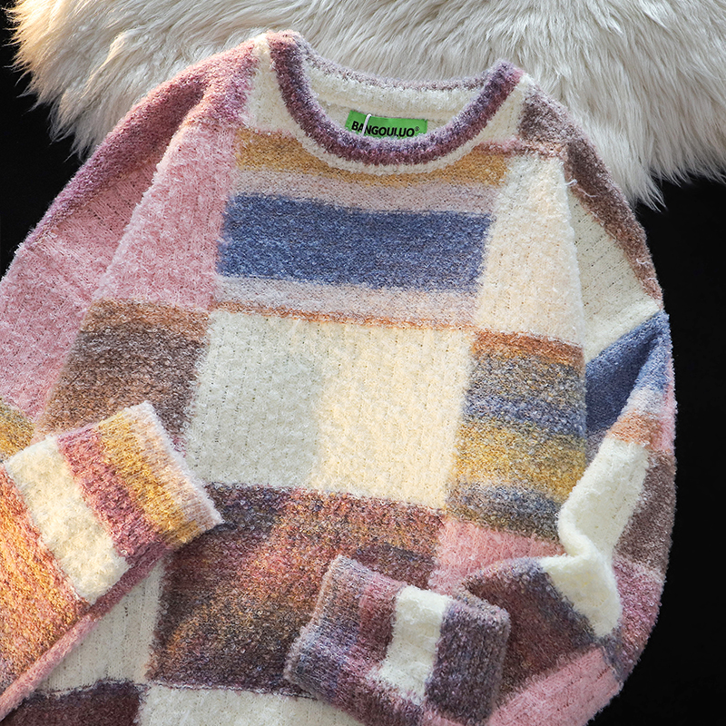 American Retro Contrast Color Irregular Plaid Soft Glutinous Sweater Female Winter Comfortable Loose Casual Sweater Tops
