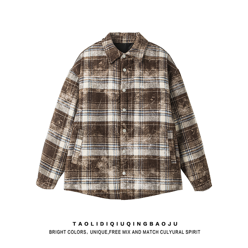 Retro Color-Contrast Check Long-Sleeved Woolen Coat Female 2025 New Arrival Loose and Lazy Style Thickened Heattech Cotton Padded Coat
