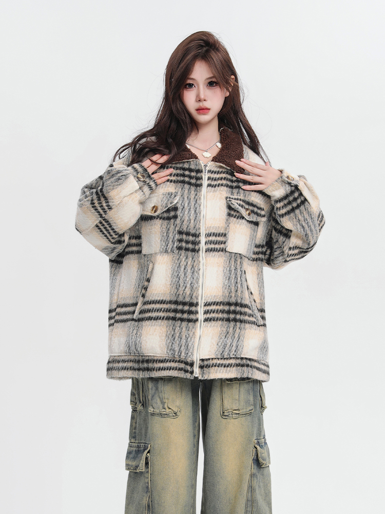 American Retro Plaid Stitching Lapel Cotton-Padded Coat Women's Winter Loose and Lazy Style Casual Couple Thickened Puffer Jacket