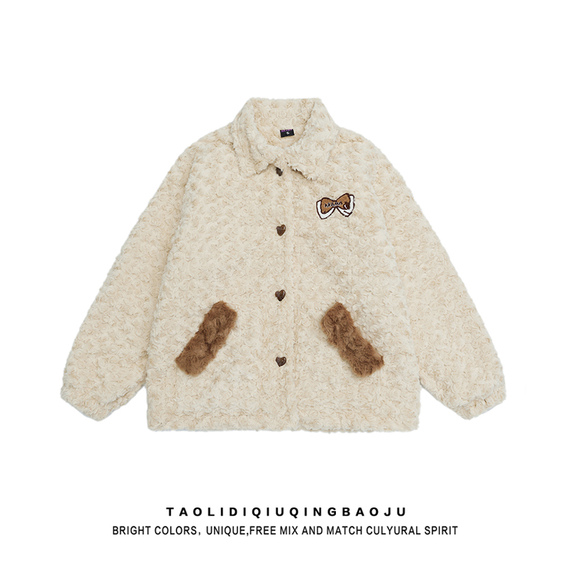 Bows Embroider Soft Glutinous Furry Coat Women's Winter Korean Style Small All-Matching Thick Warm Cotton Padded Coat