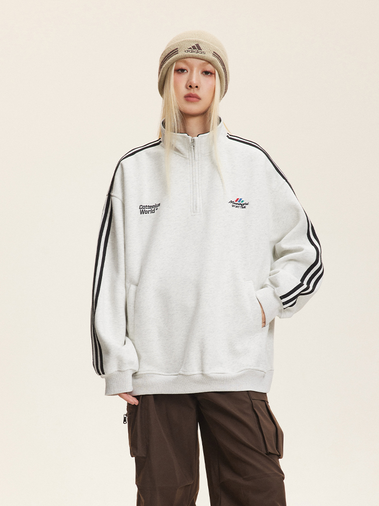 American Retro Stripes Patchwork Half Zipper Sweatshirt Female Autumn Leisure Loose Couple Preppy Style Sports Tops Tide