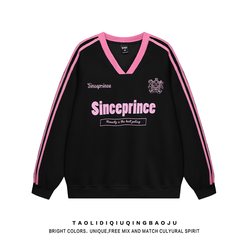 Sweet Cool Style Pink Black Stripes V-neck Sweatshirt Female 2025 Autumn Fashion Brand American Style Loose Couple Sports Style Tops