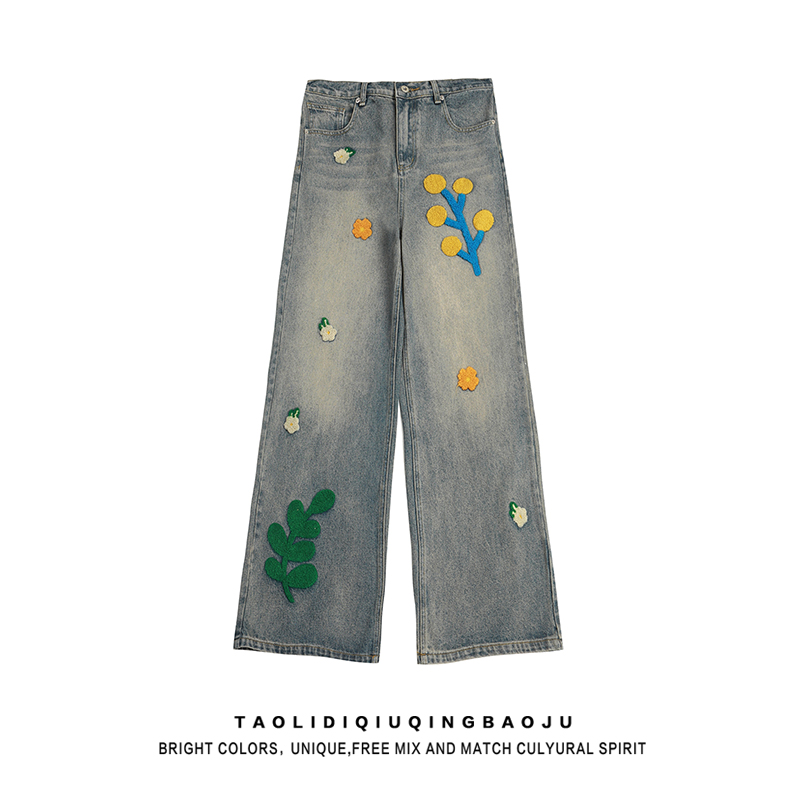 American Creative Flower Flocking Wide Leg Denim Women's Autumn Retro Loose Lovers Wild Slimming and Straight Pants