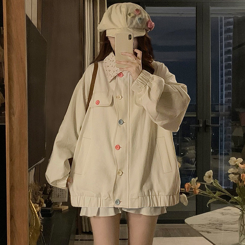 Sweet Style Age-Reducing Color Button Denim Outwear Female Loose Small Soft Girl Dopamine Loose-Fitting Jacket Top