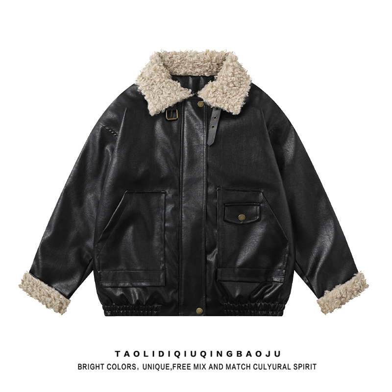 Winter New PU Leather Fur Integrated Motorcycle Coat Women's Loose Couple Fur Collar Patchwork Cotton Jacket