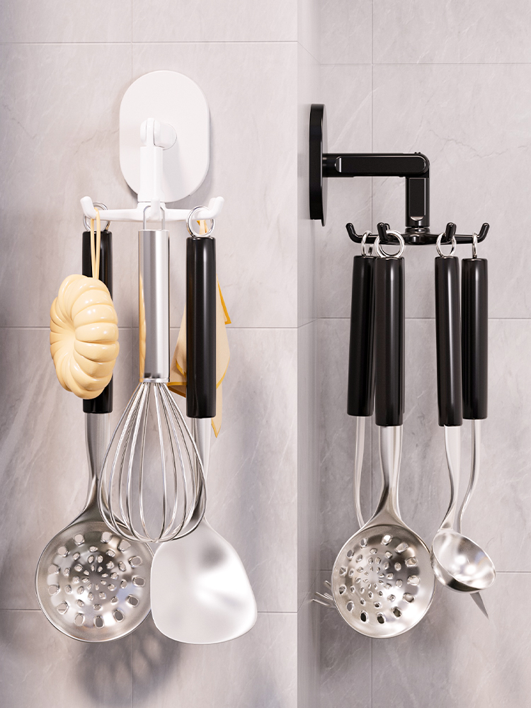 Rotating Hook Kitchen Hanger Spoon Spatula Storage Rack Multi-Functional Wall-Mounted Kitchenware Shelf Punch-Free