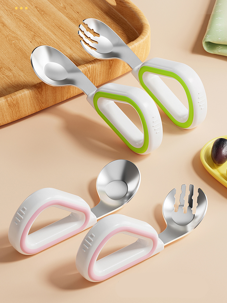 Baby Self-Eating Spoon Children's Stainless Steel Tableware Complementary Food Baby Eat Learning Ingot Training Spoon Fork 316L