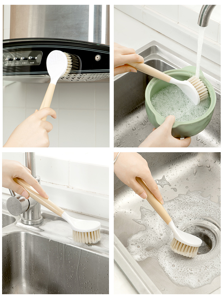 Jujiajia Dish Brush Minimalist Wood Color Long Handle Kitchen Brush Pot Fabulous Dish Washing Product For Home Sink Stove Cleaning Brush