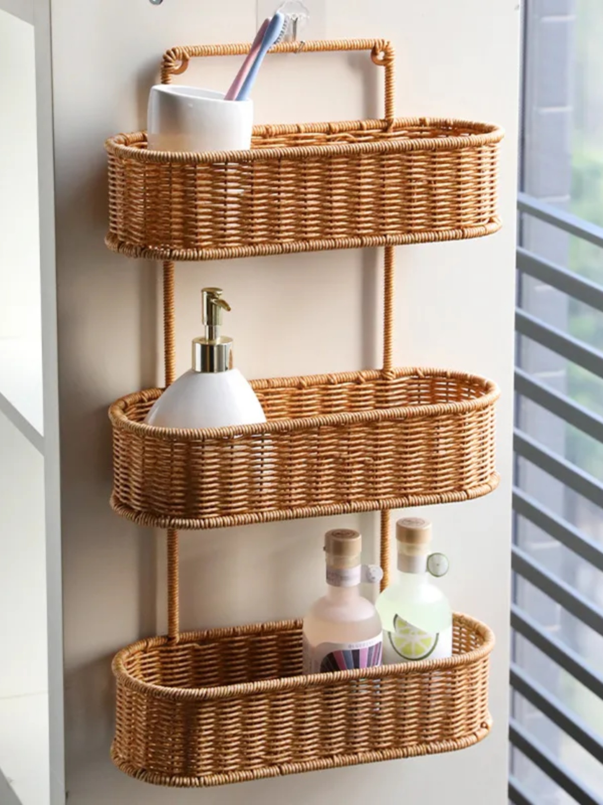 Household Rattan-like Bathroom Storage Rack Punch-Free Bathroom Shower Gel Organizing Shelves Kitchen Storage