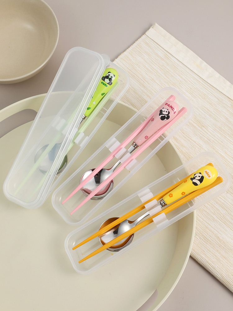 Panda Kids Portable Tableware Alloy Chopsticks Spoon 304 Suit Primary School Kindergarten Tableware Storage Box