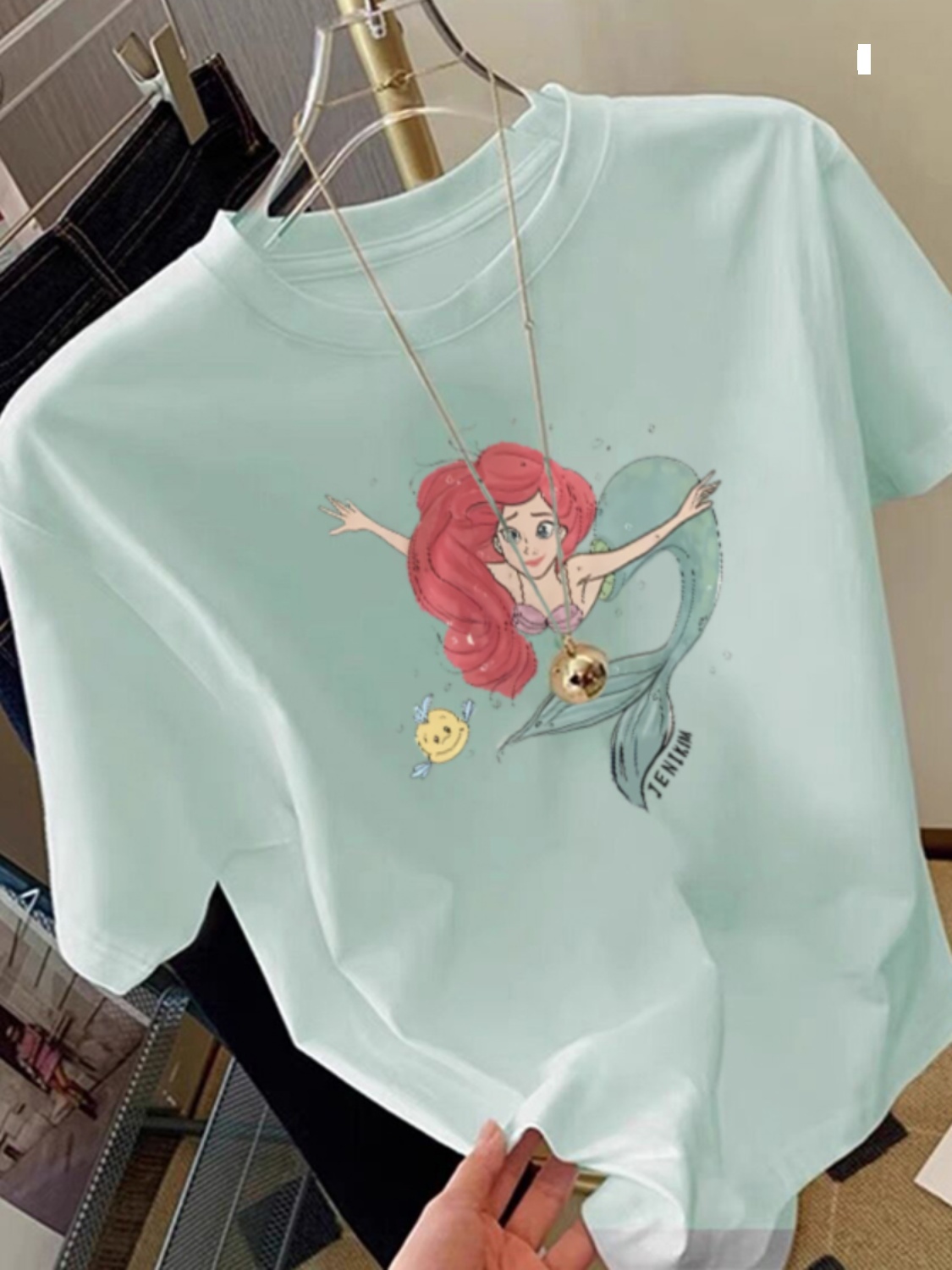 Korean Series Fun Cartoon Mermaid Print Cotton T-shirt - Summer Loose Short-Sleeve Casual Mid-Length Top