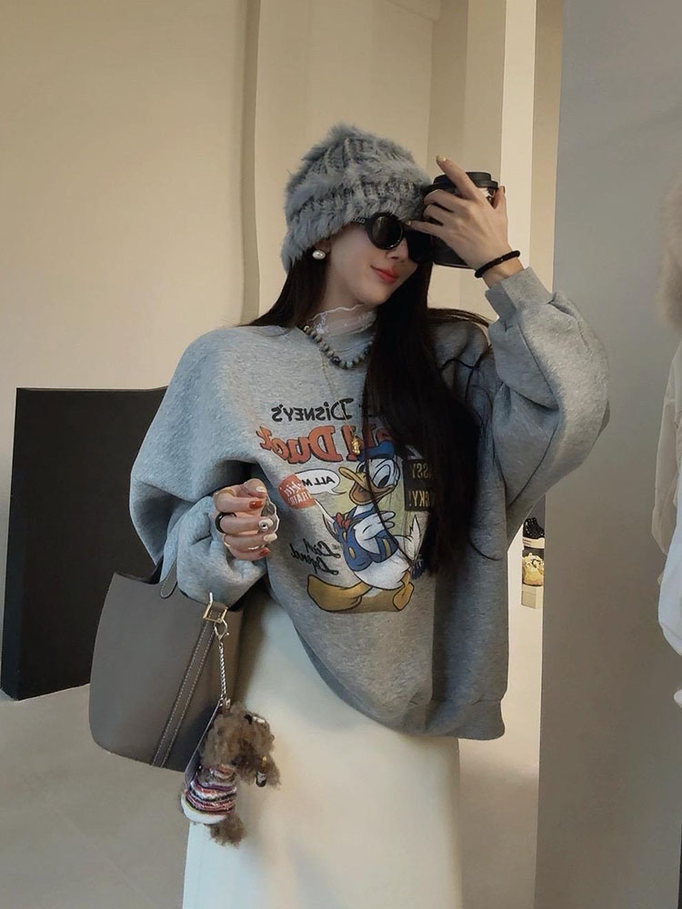 American Design Letter Cartoon Print round Neck Long sleeve Fleece-lined Hoodie Loose Women 2025 New Pullover Top
