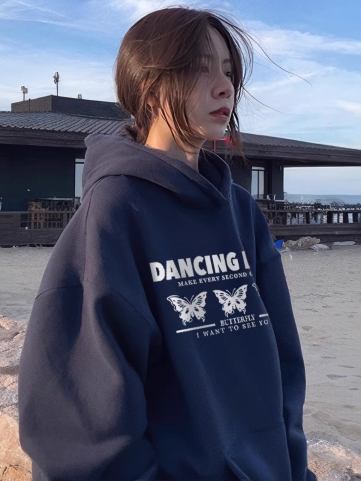 Classy Fleece-lined Thickened Sweater Hooded Women's Spring and Autumn 2025 New Arrival Best Selling Dark Blue Korean Style Lazy Style Top