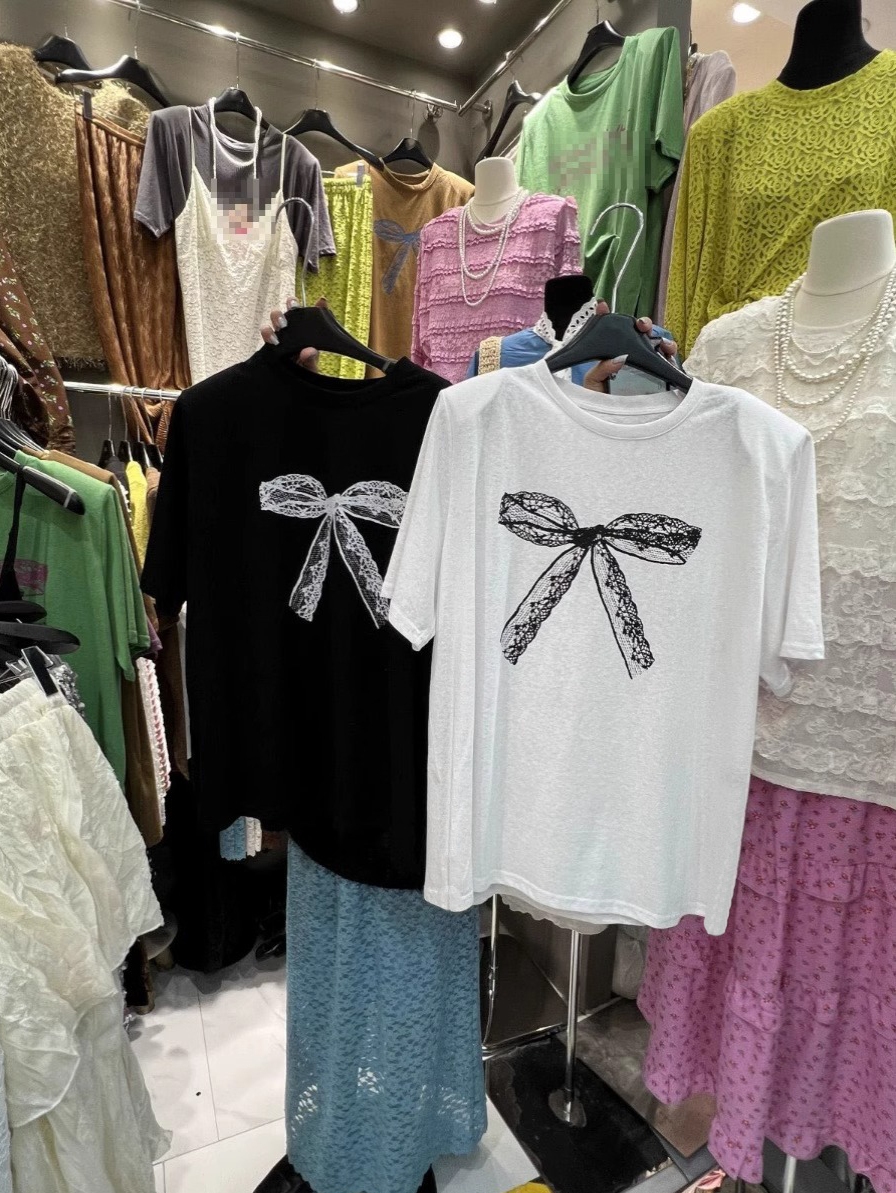 Thirteen Rows Spring and Summer Women's 2025 New Arrival Fashion Stylish Bows Print T-shirt Niche Loose Short Sleeve Tops