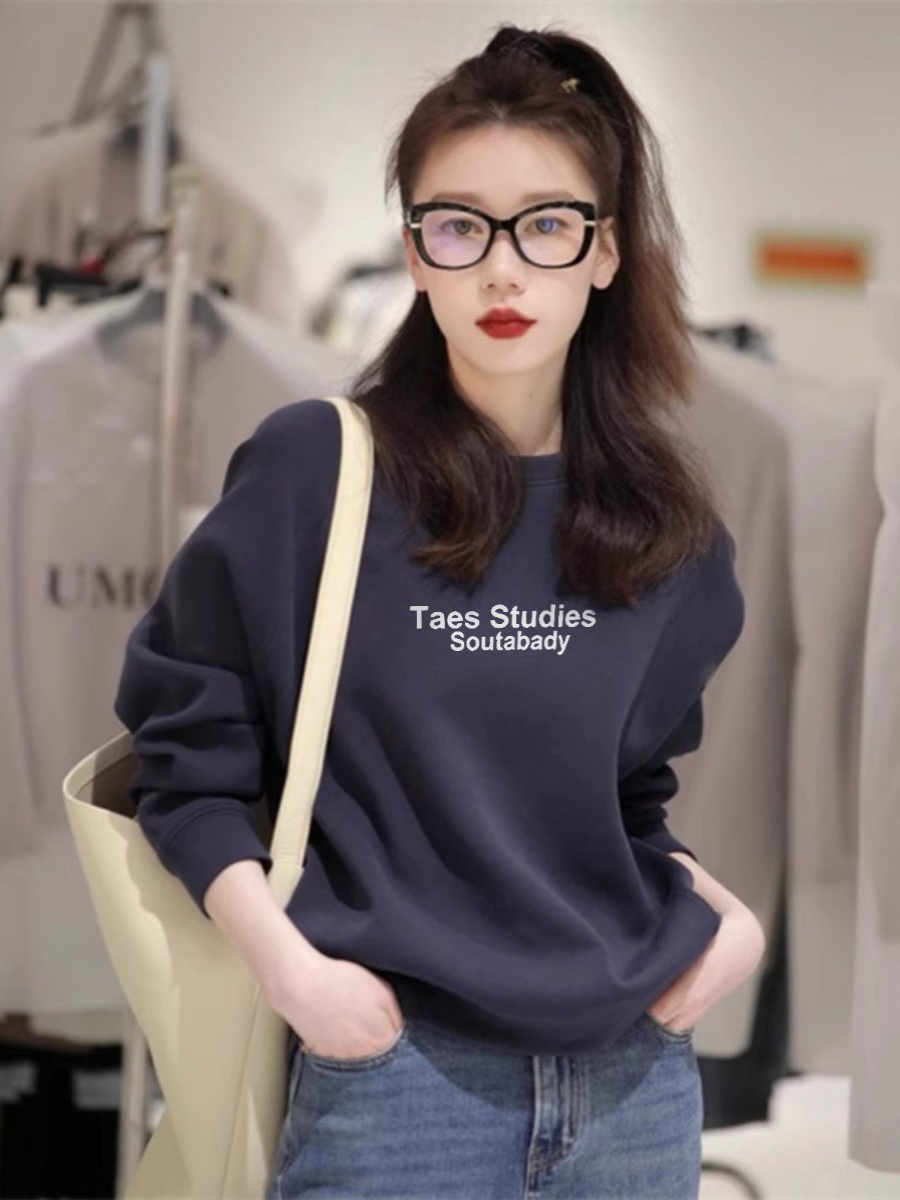 2025 New round Neck Sweatshirt Female Fleece-lined Thickened Korean Style Loose Leisure All-Matching Elegant Tops Spring Spring and Autumn Tide