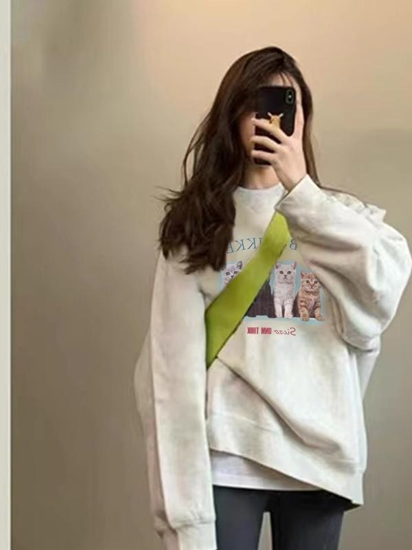 Melange Gray round Neck Hoodie Women New 2025 New Spring Small Wear Loose Silver Fox Velvet Fleece-lined Top Women