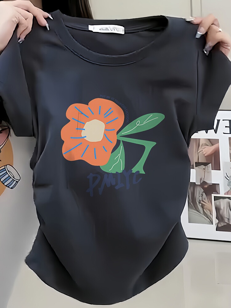 American Heavy Weight Pure Cotton Flowers Print T-Shirt 2025 New Arrival Female Niche Style Unique Chic Tops Fashion Brand All-Matching