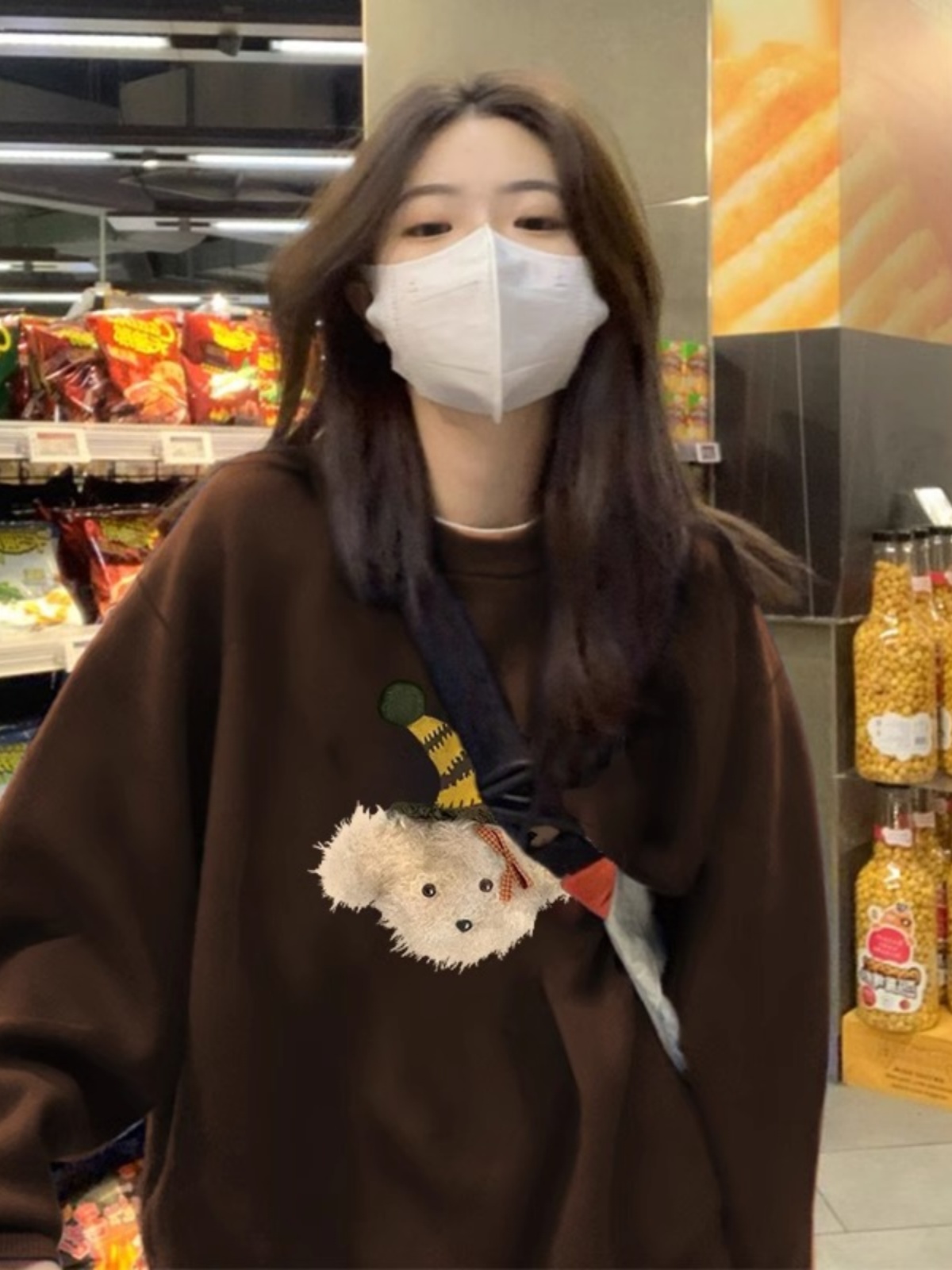 American Brown round Neck Sweatshirt Female New Arrival 2025 Spring Small Sized Man's Wear Korean Style Little Bear Oversize Loose Tops