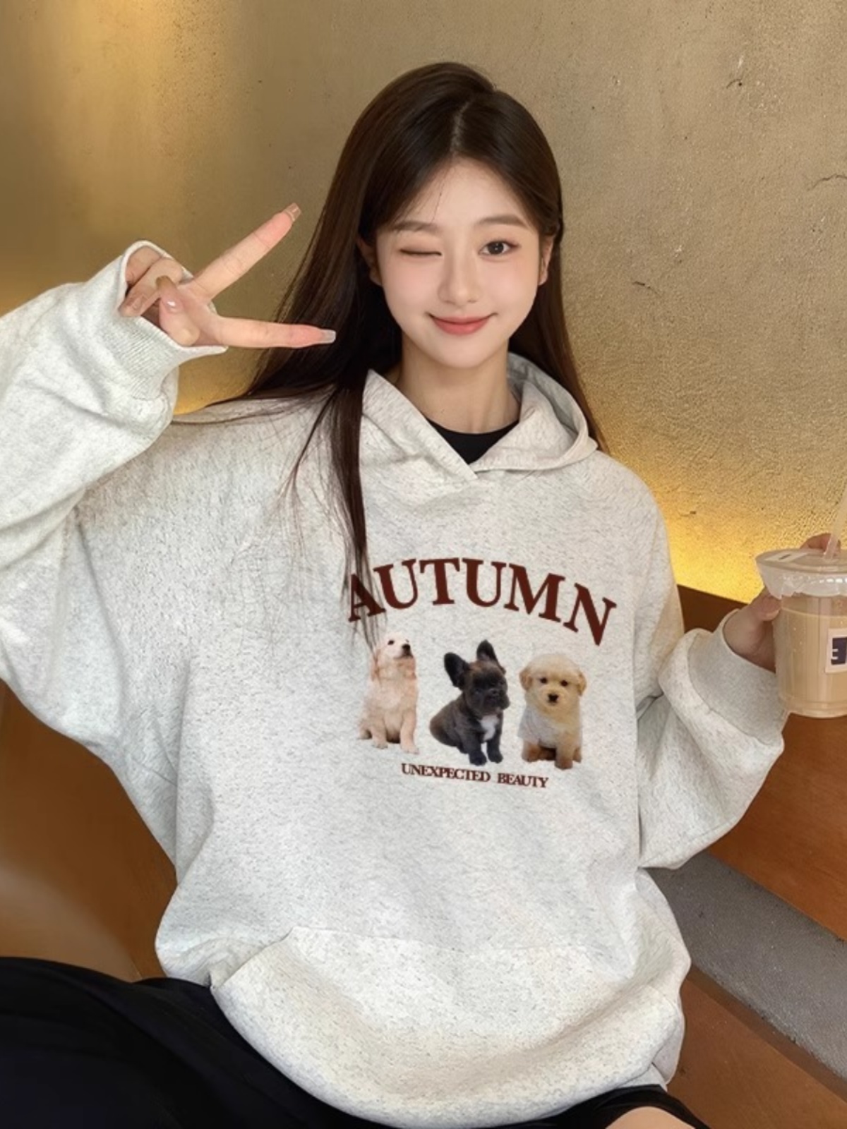 Fleece-lined Light Gray Hoodie Women Spring 2025 New Popular Autumn Thickened Korean Series Idle Style Top