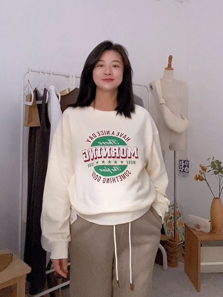 round Neck Pullover Letters Print Hoodie Women Spring and Autumn New 2025 Korean Style Idle Style Mid-Length Casual Top