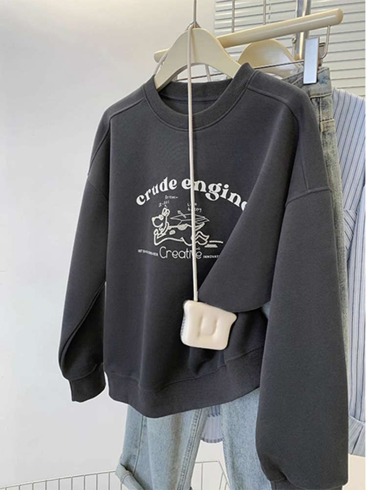 Korean Style Funny Puppy Letters Printed Crew Neck Sweatshirt Female Spring & Fall New Arrival Retro Casual Loose All-Matching Top Tide