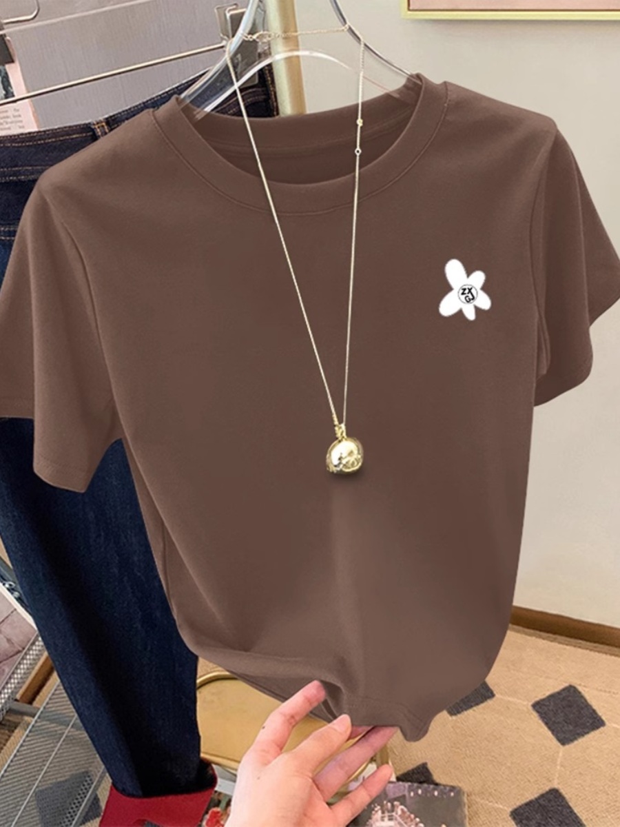 Dark Coffee Color round Neck Short Sleeve Shoulder T-Shirt Women's Summer Thin Pure Cotton Loose Slimming and Simple Petite Top
