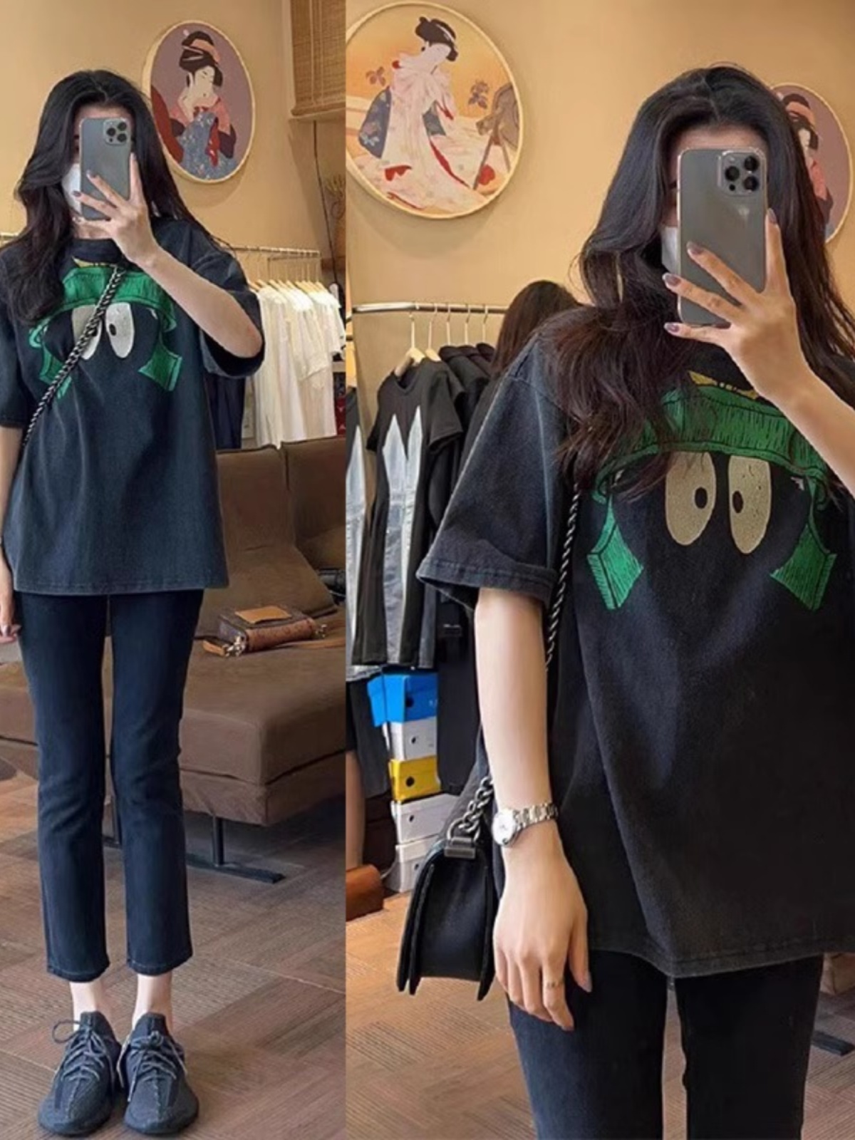 2025 Summer New Arrival American Retro Short Sleeve T-Shirt Women's Loose Pure Cotton Washed Gray Anti-Aging Fashion Half Sleeve Tops